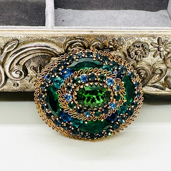 Vintage Blue Green Rhinestone Brooch - Picture 5 of 15